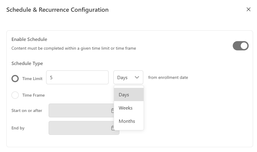 Schedule configuration menu
