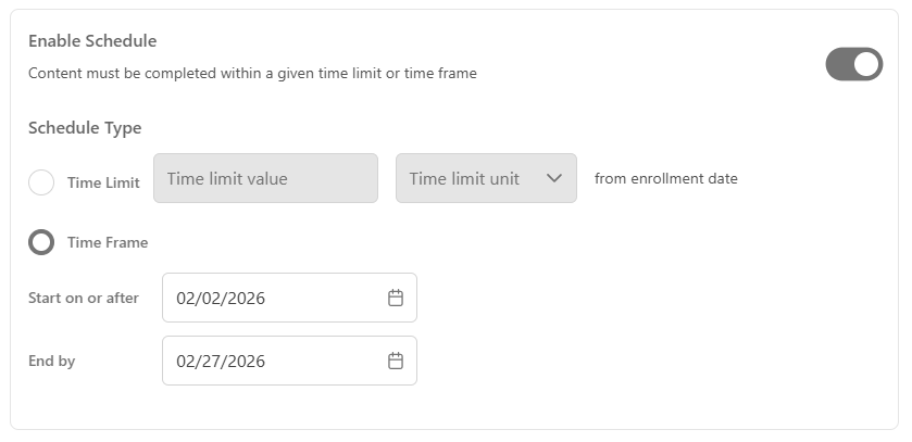 Schedule menu for specific time frame