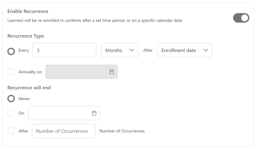 Course recurrence menu